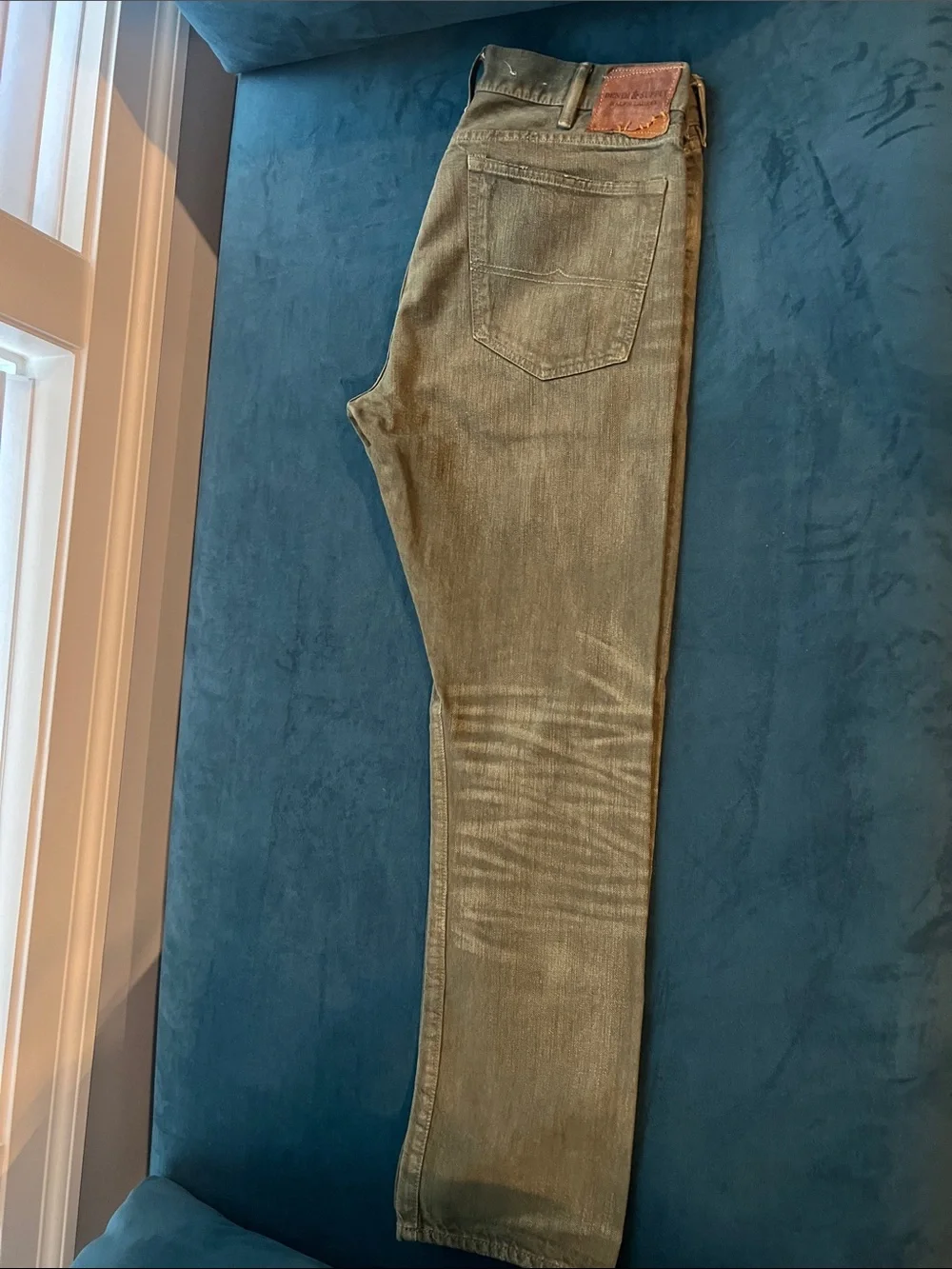 Denim & Supply Ralph Lauren Men’s Slim Olive Green Jeans with Back Patch 38x32